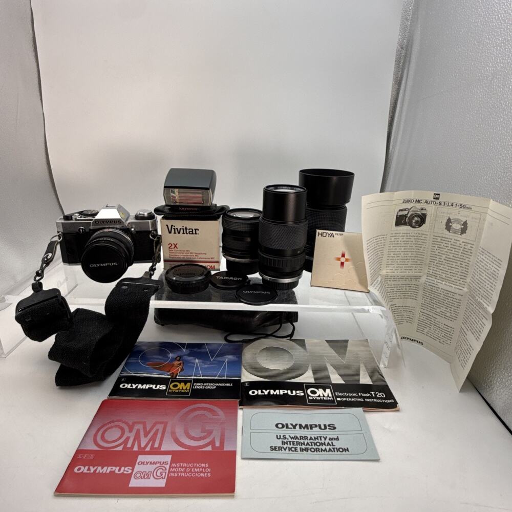 Olympus OMG 35mm Film Camera w/ Zuiko Auto-S 50mm 1.4 Lenses, Flash, Filters, ++